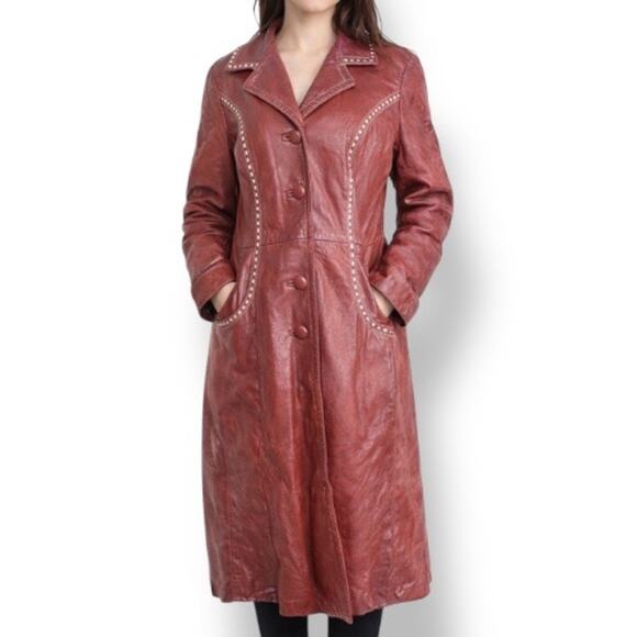 Vintage Jackets & Blazers - Vintage 70s Burgundy Leather Longline Trench Coat White Whipstitch Western Ranch